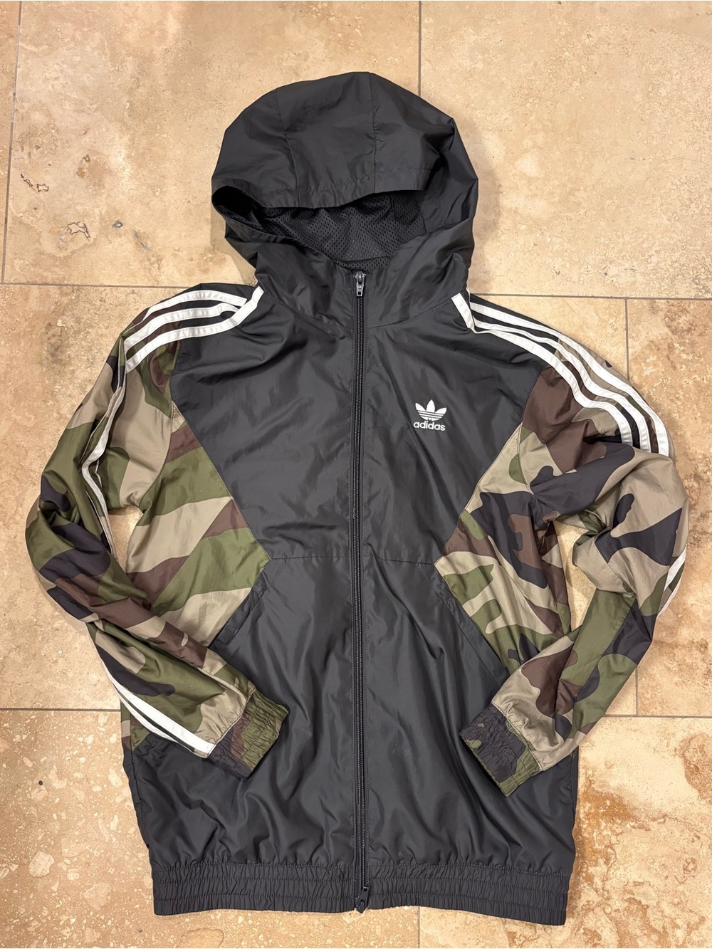 Adidas 3-stripe Camo Colorblock Hooded Windbreaker S
